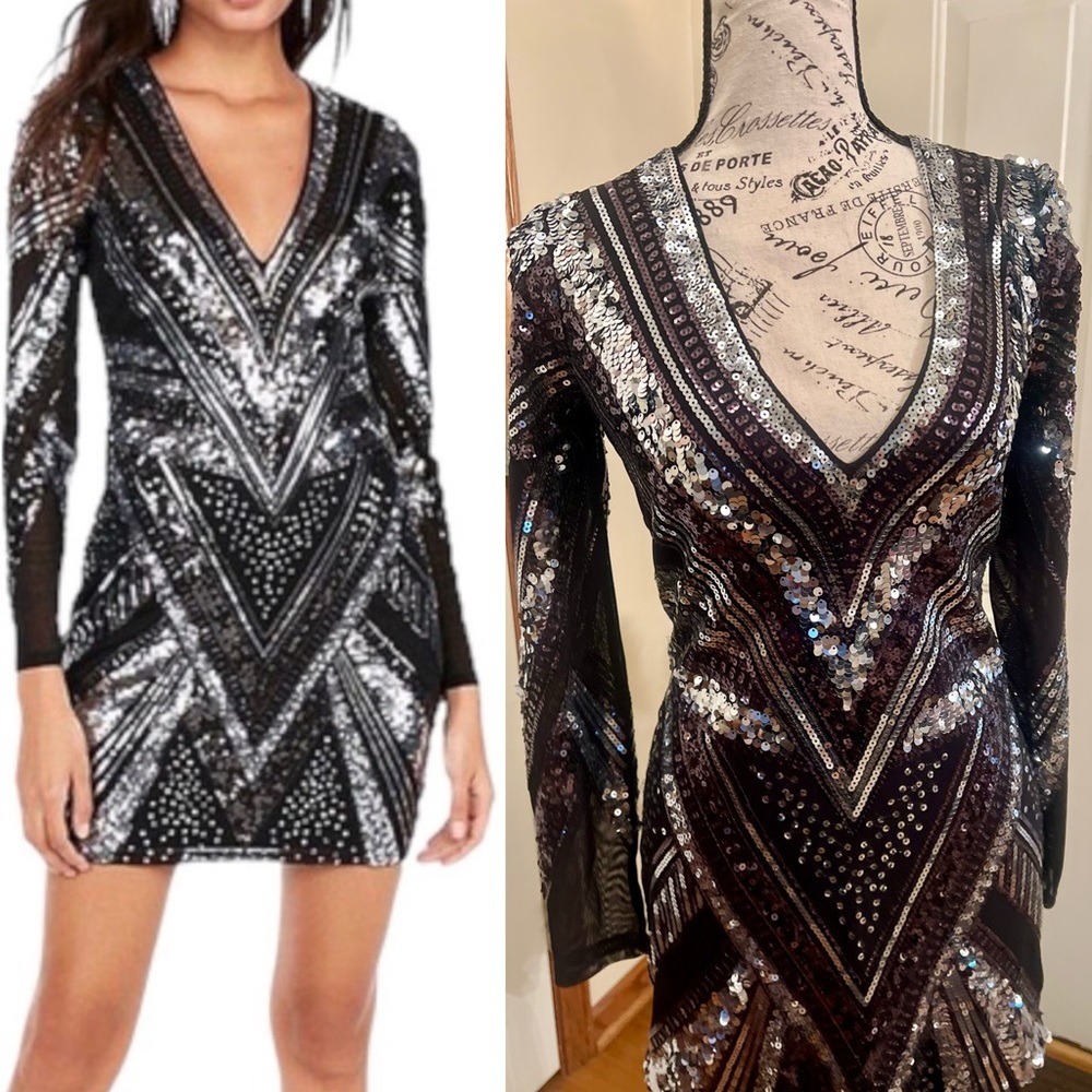 Express Women's Sequin Stretch BodyCon Party Dress Deep V Mini Sheath Small